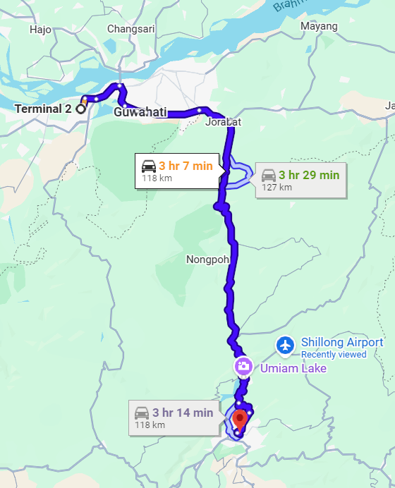 route for Guwahati airport to Shillong